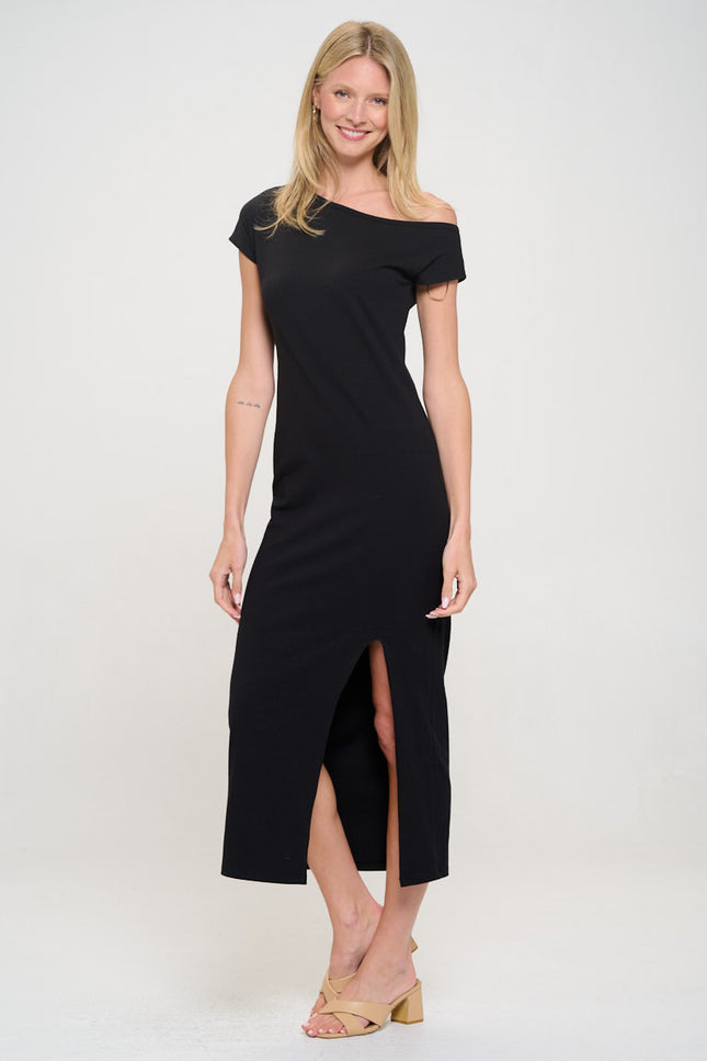 Solid Off the Shoulder Maxi Dress with Slit-3