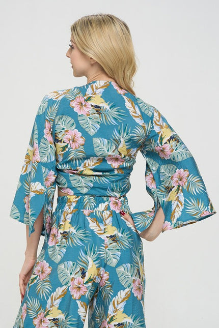 Tropical Print V neck 3/4 Sleeve Wrap Top w Tie-3