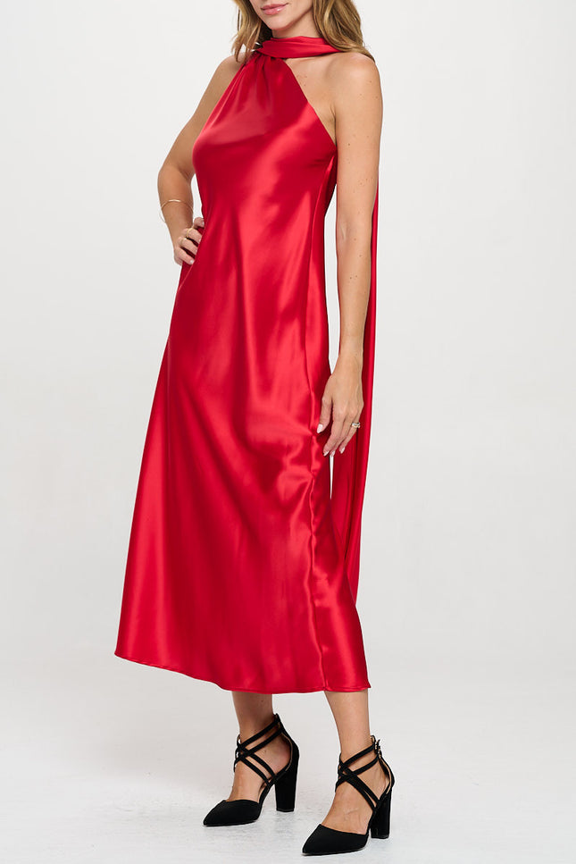 One Shoulder Satin Maxi Dress with Scarf Detail-3