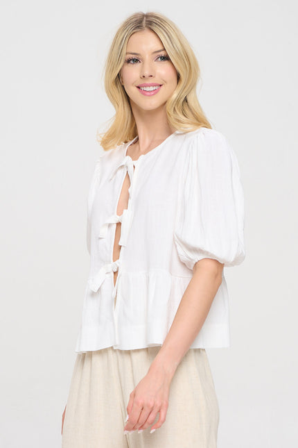 Linen Solid Puff Sleeve Top with Front Bow Detail-1