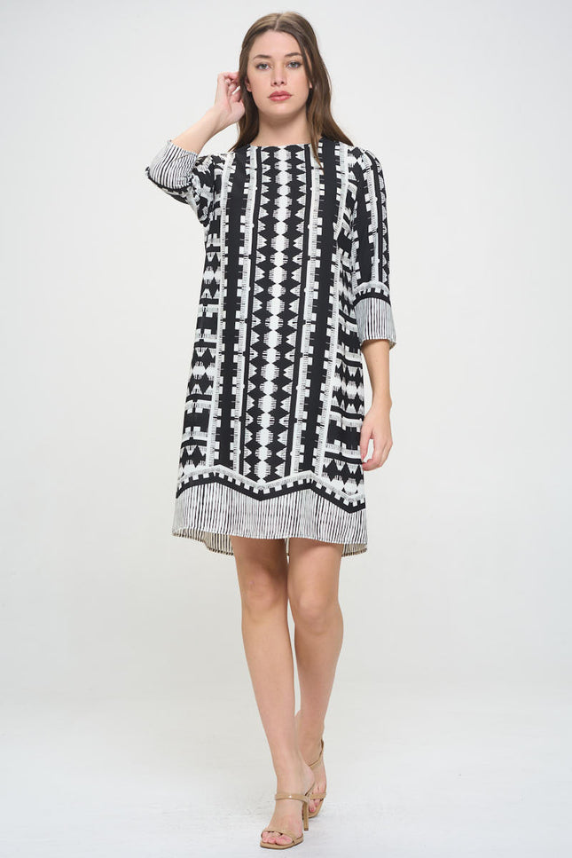 Geometric Print 3/4 Sleeve Shift Dress-1