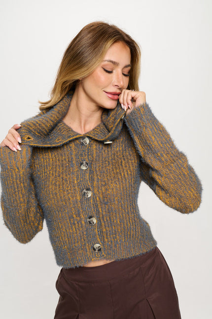 Knit Long Sleeve Collard Cardigan with Buttons-0