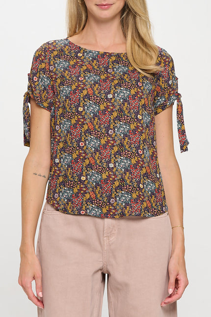 Floral Print Short Sleeve Top with Tie Sleeve-1