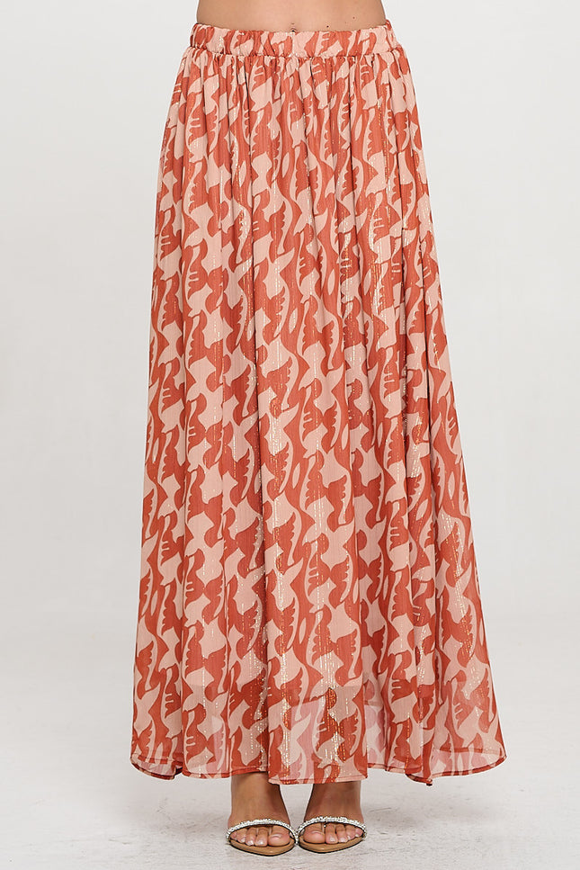 Print Sheer Maxi Skirt with Lining and Elastic Waist-0