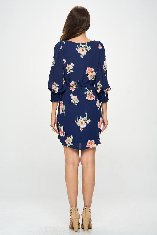 Flower Print Round neck Dress with 3/4 Cuffed Sleeve-4