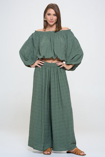 Textured Wide Leg Pants with Elastic Waistband-4