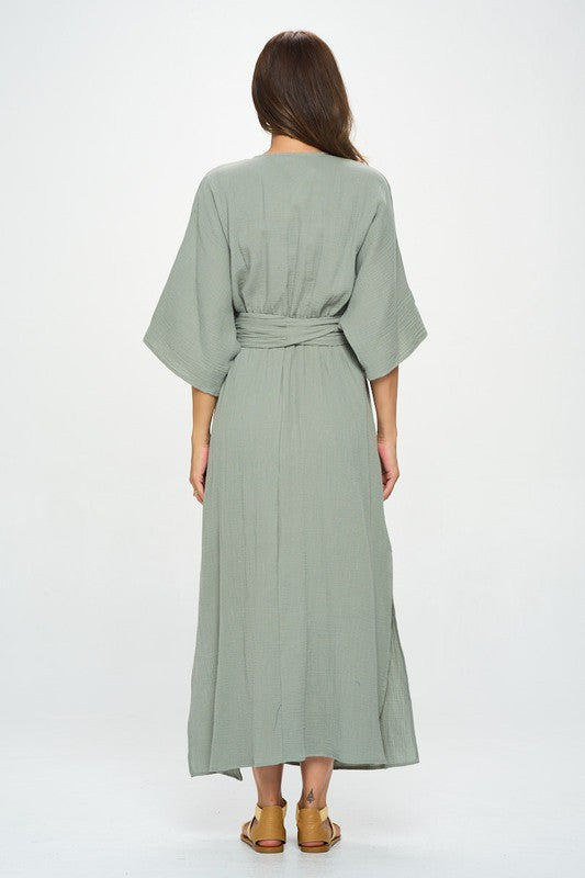 Solid Kimono Style Maxi Dress with Tie-4