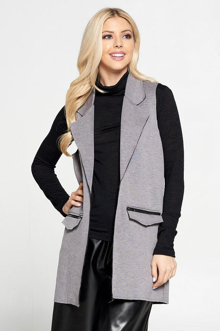 Sleeveless Blazer with Collar and Zipper Detailed Pockets-1