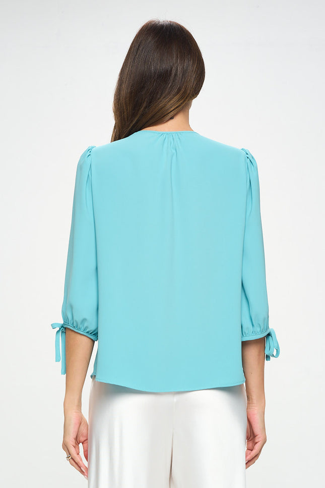 Solid V neck Top with Self Tie Sleeves-3