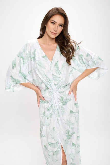 Tencel Tropical Leaf Print Kimono Style Dress with Front Twist-0