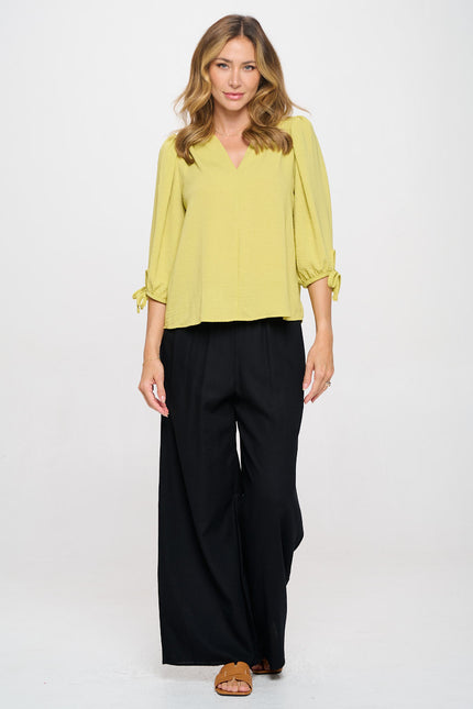 Solid V neck 3/4 Sleeve Top with Sleeve Tie-4