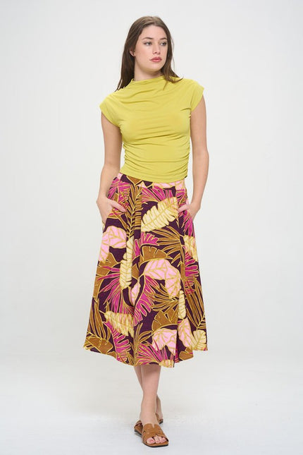 Tropical Leaf Print Midi Skirt with Pockets-4