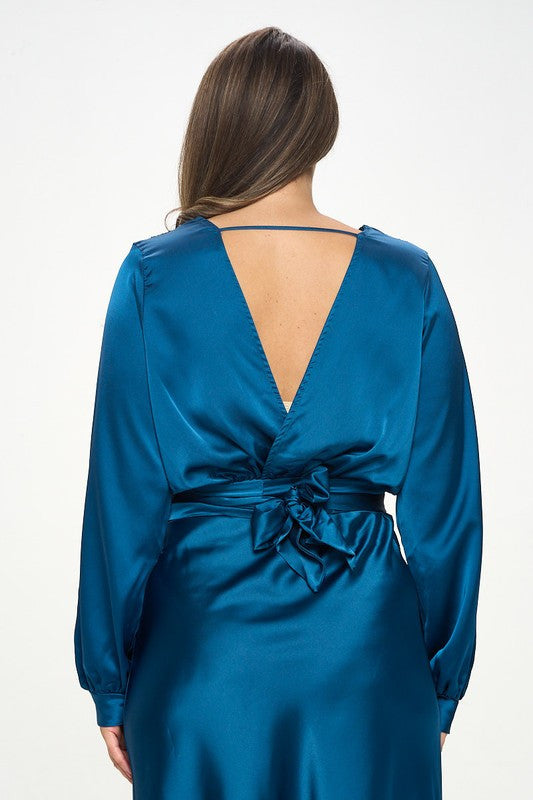 Stretch Satin Solid V neck Top with Open Back-2