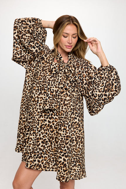 Leopard Print Puff Sleeve Dress with Front Neck Tie Detail-0