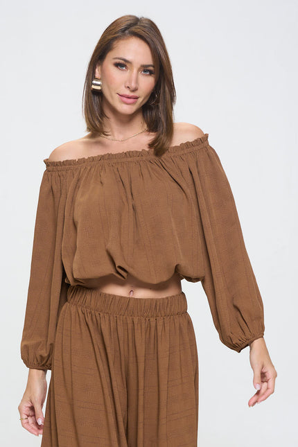 Textured Off the Shoulder Top with Balloon Sleeve-1