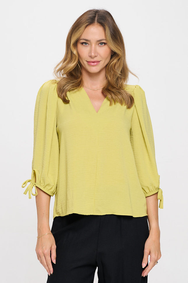 Solid V neck 3/4 Sleeve Top with Sleeve Tie-0