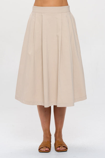 Solid Pleated Midi Skirt with Pockets-0