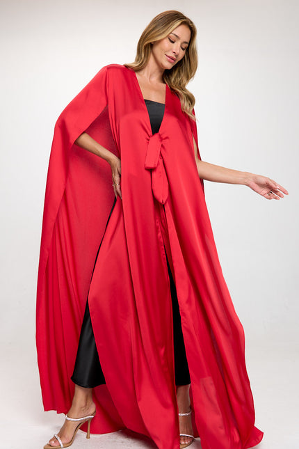 Satin Solid Draped Long Kimono Cardigan with Front Tie-0