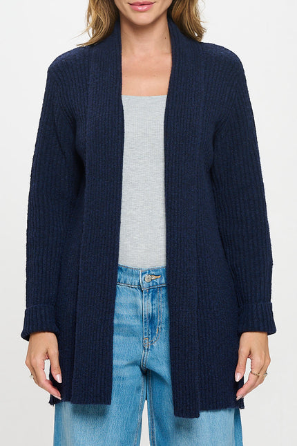 Rib Knit Open Front Cardigan with Pockets and Folded Sleeve-1