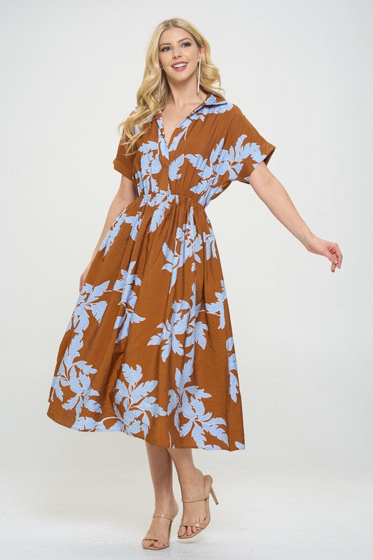 Flower Print Collared V neck �Dress with Pockets-2