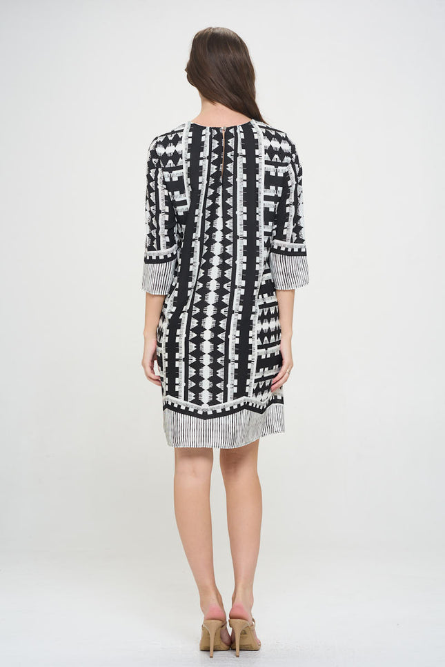 Geometric Print 3/4 Sleeve Shift Dress-4