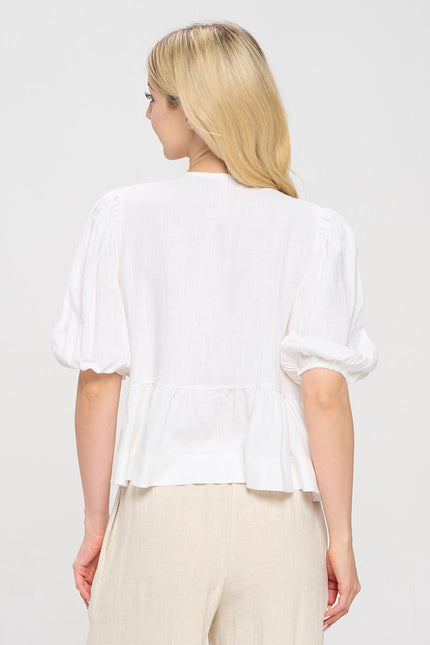 Linen Solid Puff Sleeve Top with Front Bow Detail-3