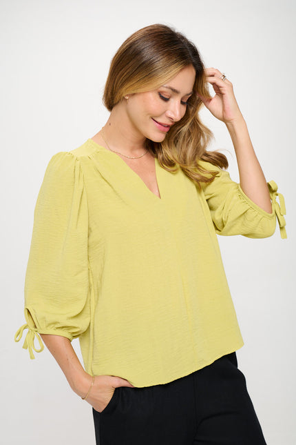 Solid V neck 3/4 Sleeve Top with Sleeve Tie-1