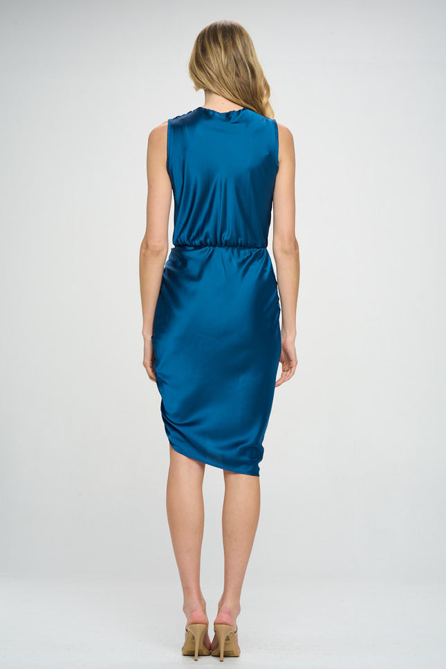 Stretch Satin Ruched Dress with Asymmetrical Hem-3