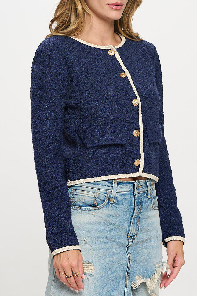 Navy Textured Cardigan Top with Button Detail-3