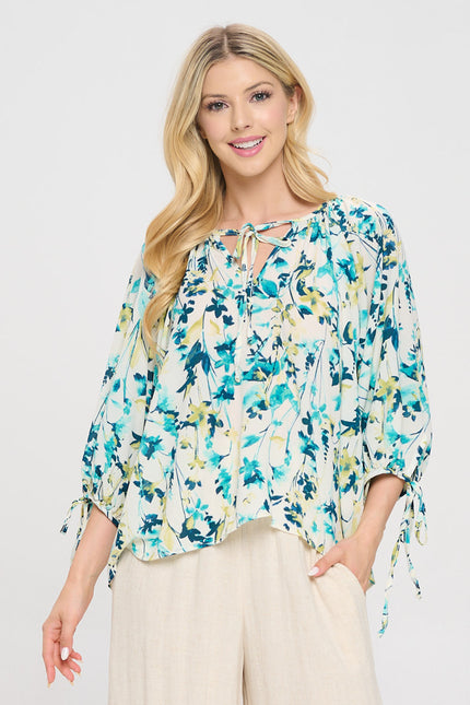 Floral Print V neck Top with Sleeve Tie-0