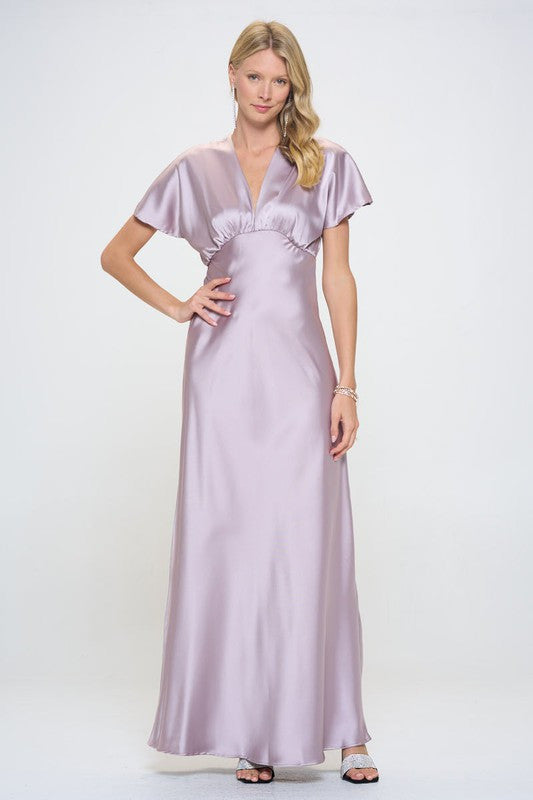 Satin Solid Deep V neck Formal Dress-1