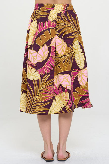 Tropical Leaf Print Midi Skirt with Pockets-2