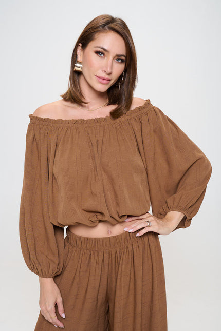 Textured Off the Shoulder Top with Balloon Sleeve-0