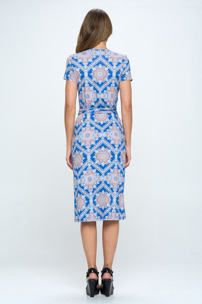 Print V neck Dress with Tie-4