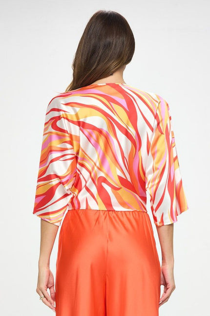 Multi Print Satin Mid Sleeve Top with Front Twist-3