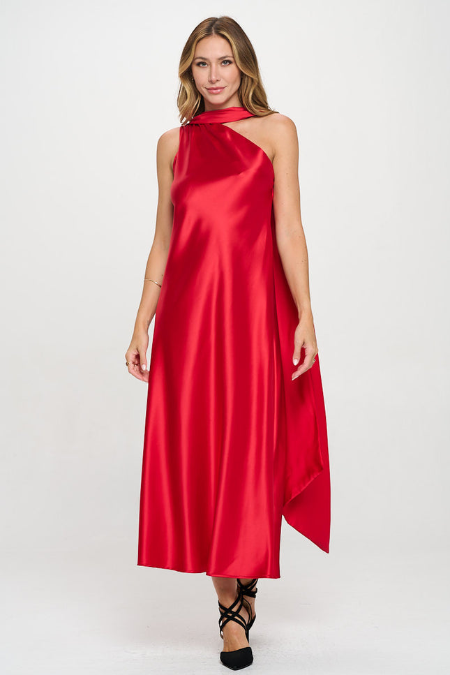 One Shoulder Satin Maxi Dress with Scarf Detail-5