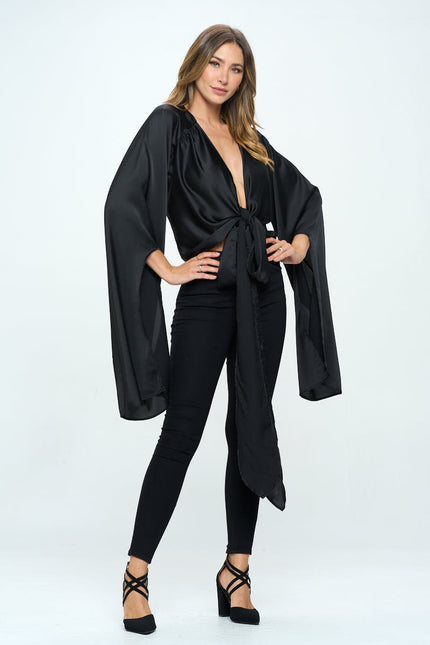 Stretch Satin Wrap Top with Exaggerated Sleeves-3