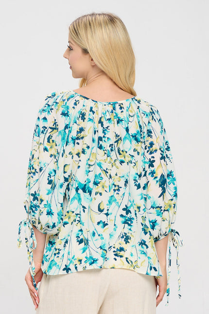 Floral Print V neck Top with Sleeve Tie-3