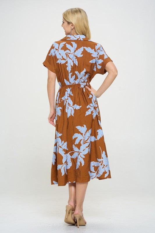 Flower Print Collared V neck �Dress with Pockets-4