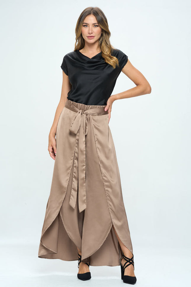 Stretch Satin Split Wide Leg Pants with Tie-4