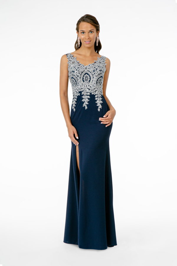 Embroidered Bodice V-Neck Jersey Long Dress w/ Slit-Nightgown-Tux-USA-3XL-Navy/Silver-Urbanheer