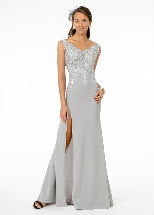 Embroidered Bodice V-Neck Jersey Long Dress w/ Slit-Nightgown-Tux-USA-XS-Silver/Silver-Urbanheer