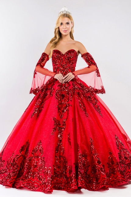 Sequin Embellished Glitter Mesh Quinceanera Dress w/ Detached Mesh Sleeve-Quinceanera-Tux-USA-2XL-Red-Urbanheer