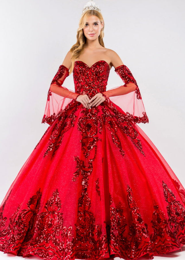 Sequin Embellished Glitter Mesh Quinceanera Dress w/ Detached Mesh Sleeve-Quinceanera-Tux-USA-2XL-Red-Urbanheer