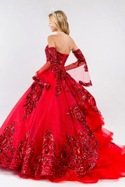 Sequin Embellished Glitter Mesh Quinceanera Dress w/ Detached Mesh Sleeve-Quinceanera-Tux-USA-Urbanheer