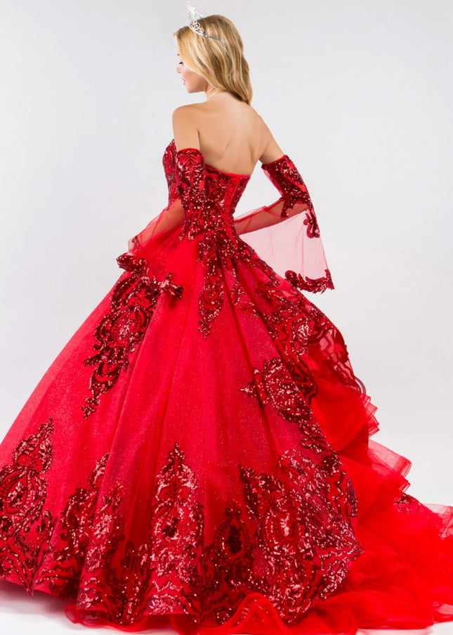 Sequin Embellished Glitter Mesh Quinceanera Dress w/ Detached Mesh Sleeve-Quinceanera-Tux-USA-Urbanheer