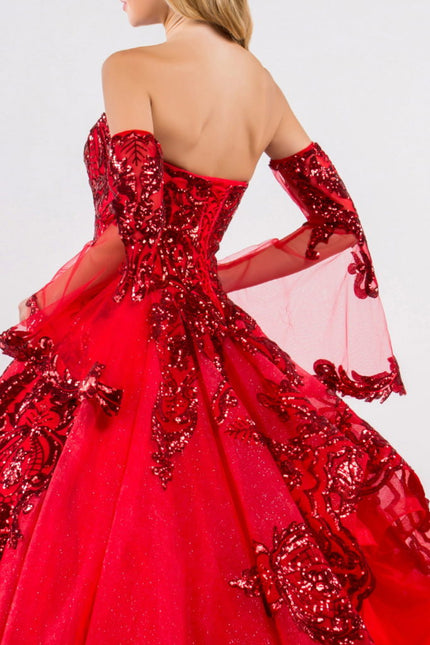 Sequin Embellished Glitter Mesh Quinceanera Dress w/ Detached Mesh Sleeve-Quinceanera-Tux-USA-Urbanheer