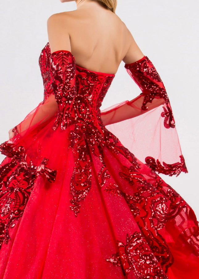 Sequin Embellished Glitter Mesh Quinceanera Dress w/ Detached Mesh Sleeve-Quinceanera-Tux-USA-Urbanheer