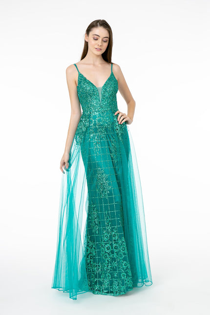 Glitter Mesh Illusion Deep V-Neck Dress w/ Open Back-Nightgown-Tux-USA-XL-Green-Urbanheer