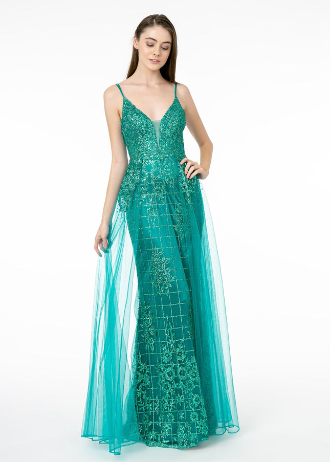 Glitter Mesh Illusion Deep V-Neck Dress w/ Open Back-Nightgown-Tux-USA-XL-Green-Urbanheer